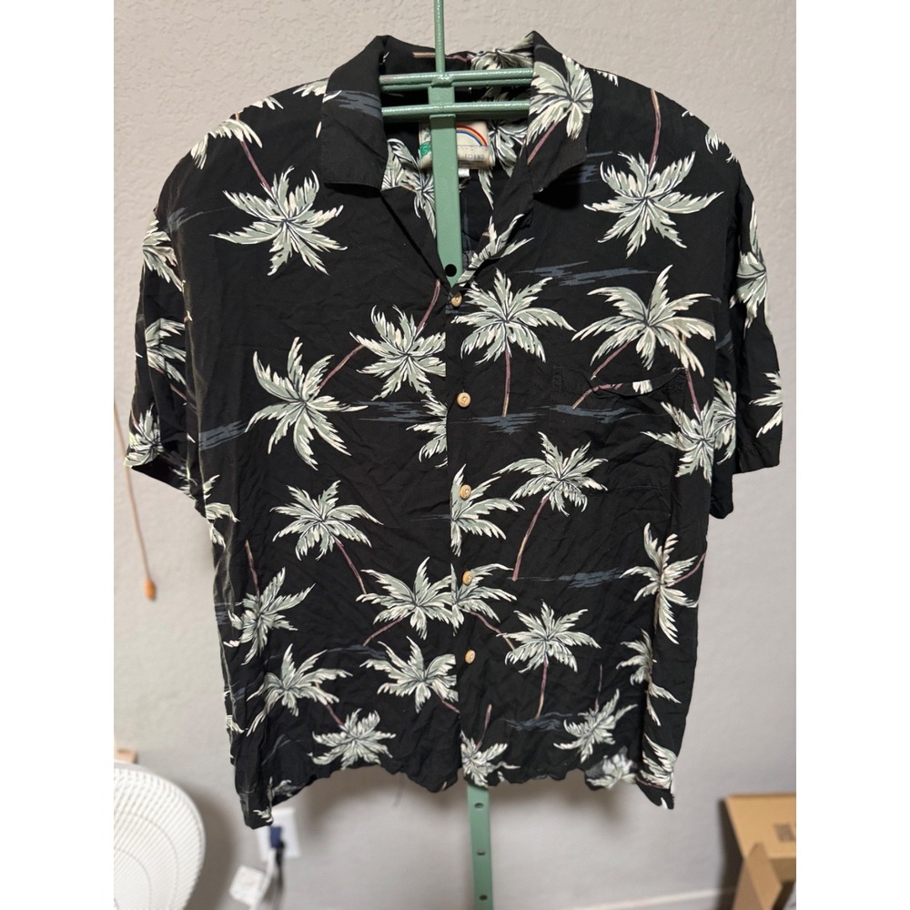 Paradise Found Hawaii Aloha Shirt Mens M Black Palm Tree Made in Hawaii Rayon